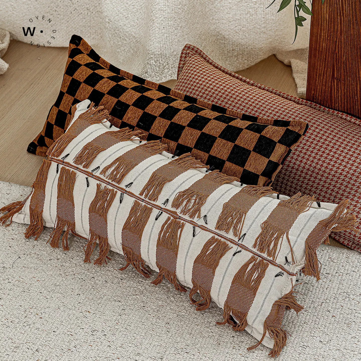 Чехол для поясничной подушки в стиле Mid-Century Modern, 30x65 см, в клетку с бахромой, коричневый, ретро-чехол для подушки с узором «гусиная лапка» (art.: 3920db46b8cfc) - 3920db46b8cfc