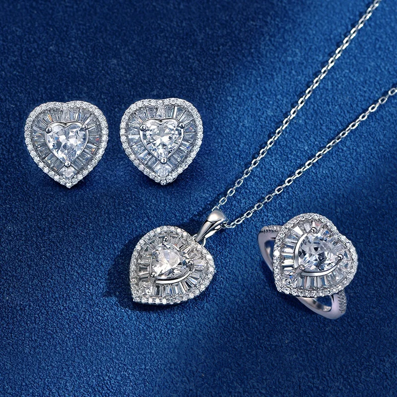 

S925 Sterling Silver Jewelry Set Woman Full Diamond Heart Set High Carbon Diamond Brilliant Cut Diamond Wife Gift Girlfriend