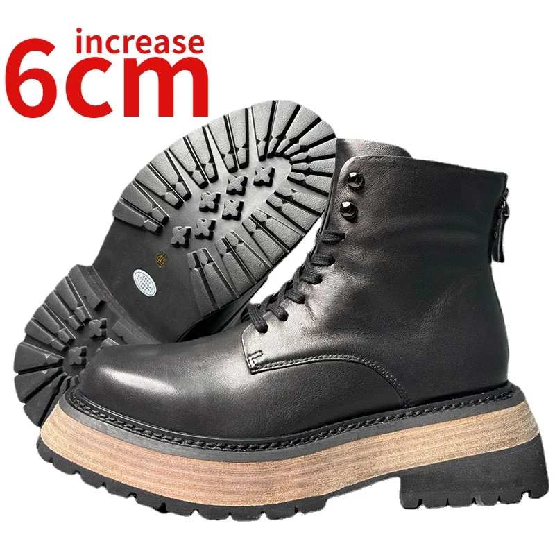 

British Cut Lightweight Sole Cowhide Hand Sewn Tide Boots Shoes for Men Increased 6cm Back Zipper Thick Sole Leather Boots Male