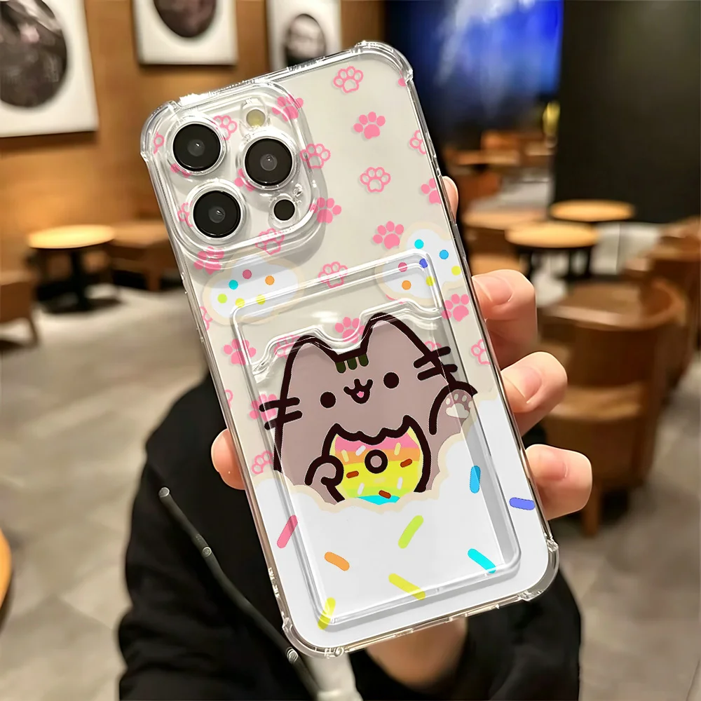 Фото Милый чехол с котиком Пушином и держателем для карт для iPhone 18 17e 17 16e 16 15 14 13 12 11 Mini Pro Max X XR XSMax 7 8 Air Plus, прозрачный чехол. №4