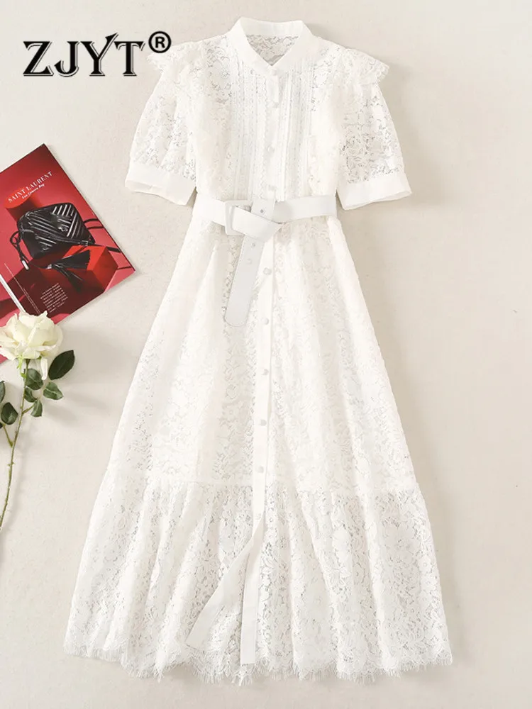 

ZJYT Summer Fashion Runway Hollow Out White Lace Dress Women Elegant Short Sleeve Single Breasted Party Vestidos with Belt