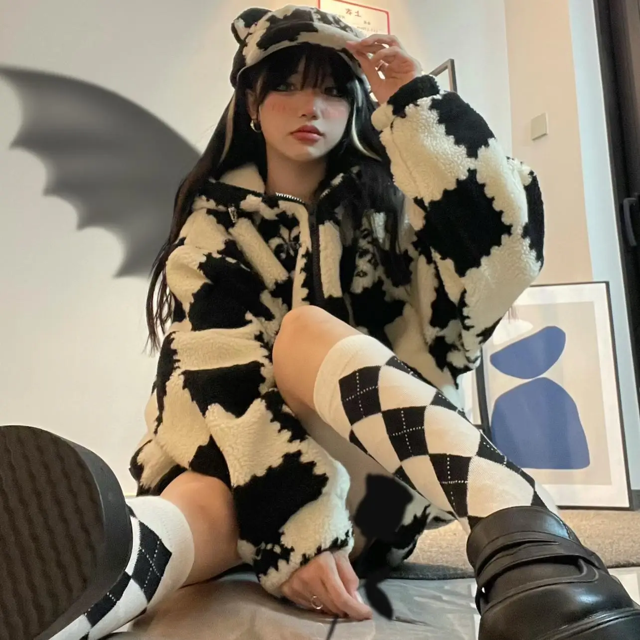 

2022 women's spring jacket spring and autumn new hip-hop lamb wool checkerboard plaid jacket loose retro cotton clothing trend
