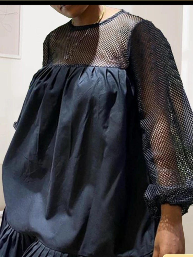 

Women Loose Dress Patchwork Mesh Lantern Sleeves Hollow Out Oversized Big Size Casual Female Gowns XXL 2022 Summer Fashion New