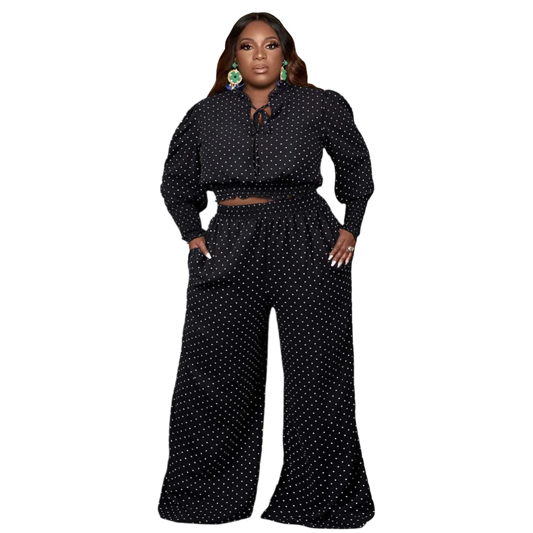 Plus Size Xl-5xl Fall Clothes for Women Two Piece Set Black Casual Dot Long Sleeve Top and Wide Leg Pants 2 p 3xl 4xl 5xl 6xl