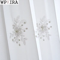 romantic white pearls embroidery curtain for living room sheer voile drape lace bottom window treatment bay window s049e