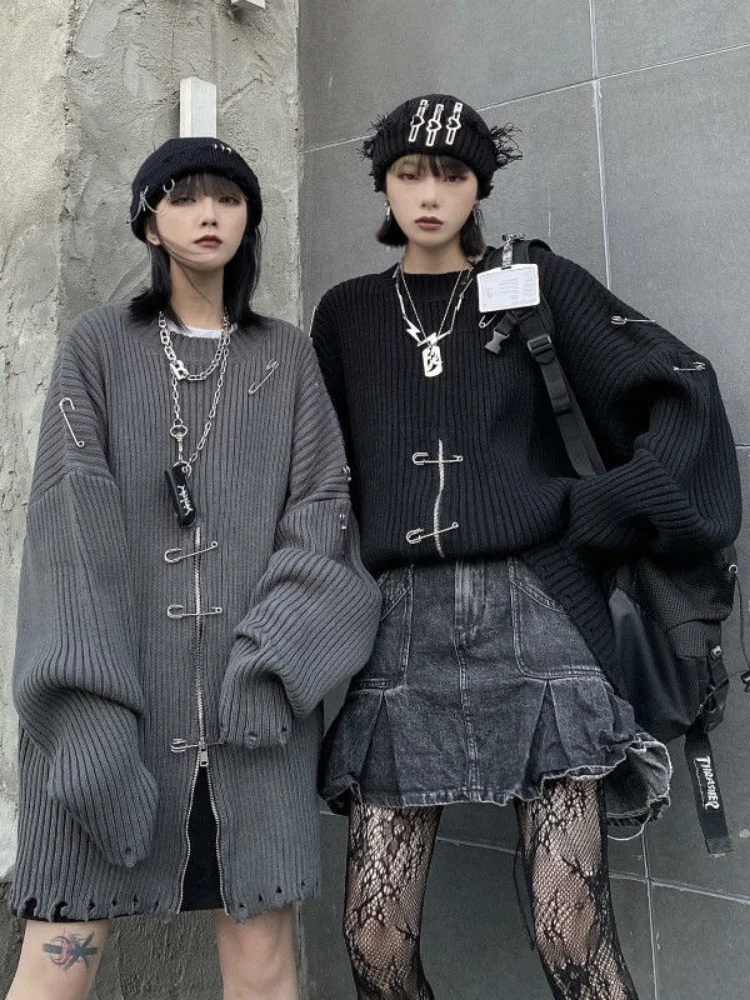 QWEEK – pull gothique Harajuku surdimensionné pour femme  pull-over avec fermeture éclair  mode