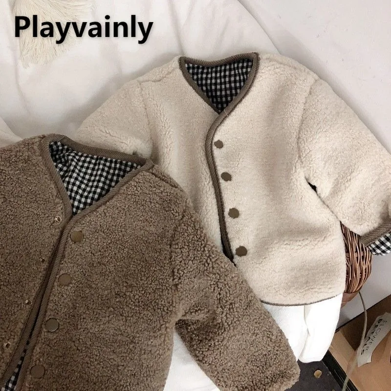 Зимняя Клетчатая Флисовая Куртка Для Детей Унисекс Бежевое/кофейное Однобортное