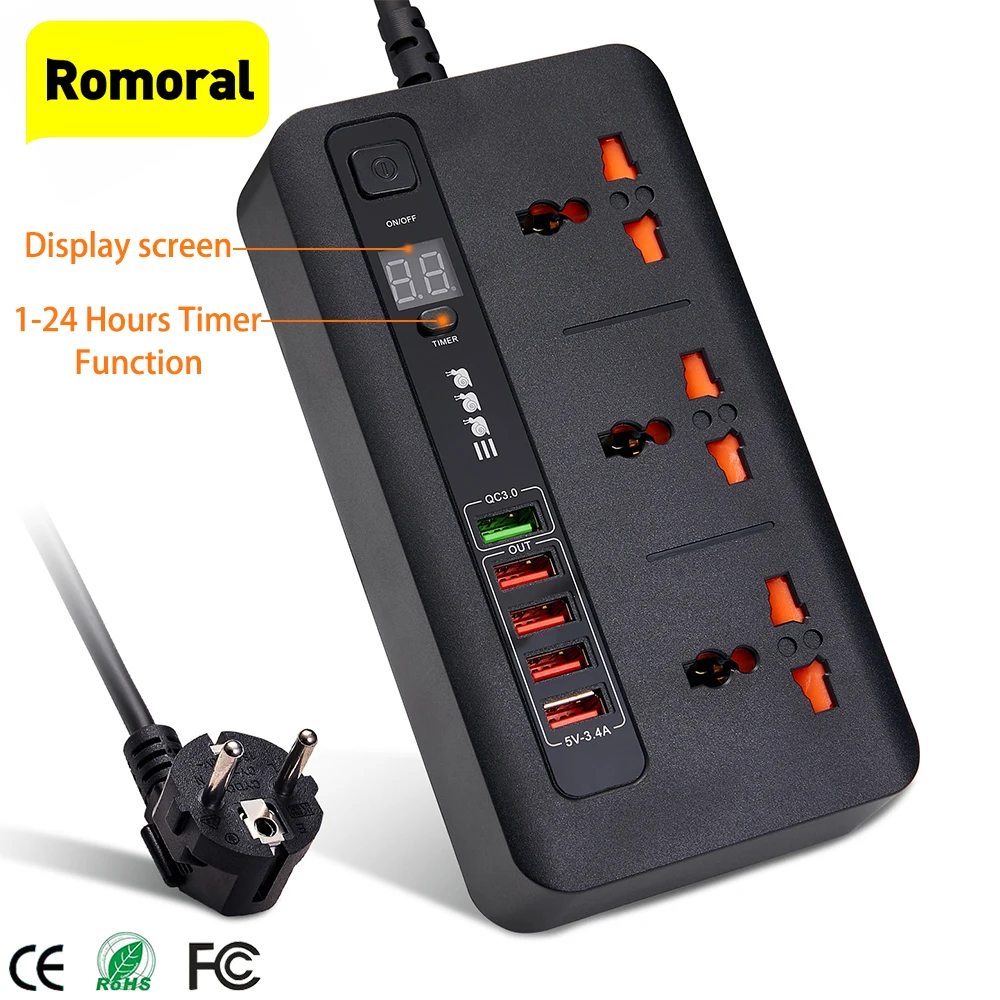 

2500W Power Strip Universal Jack Multiprise EU US UK 5 USB Charger Hub 3 AC Outlet Socket QC3.0 Fast Charging Extender