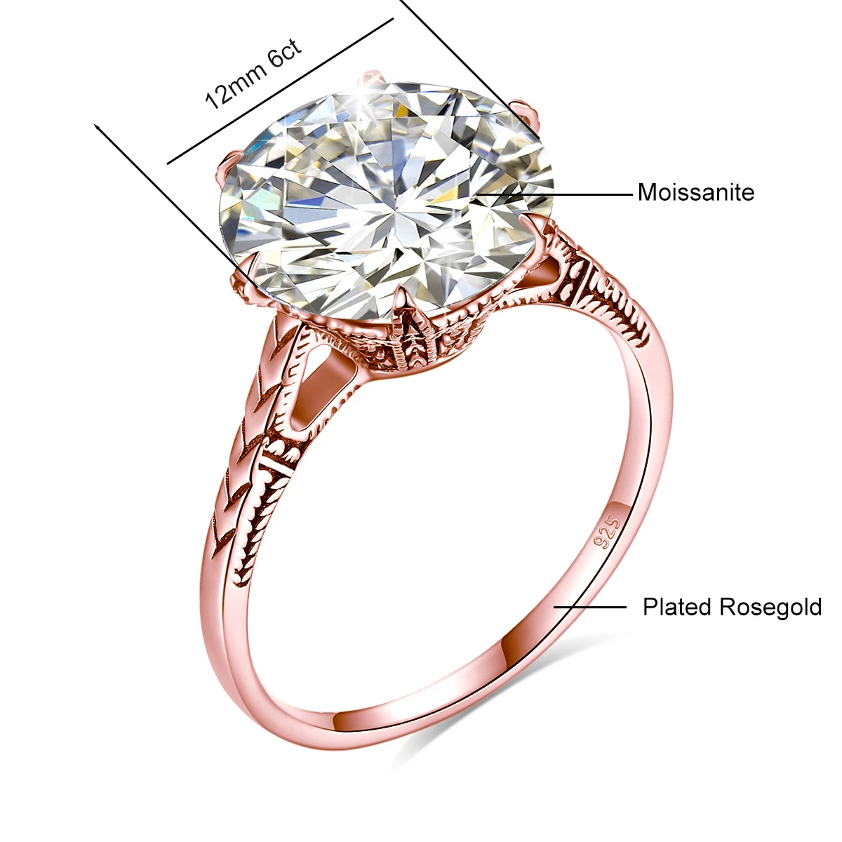 Массивное кольцо с круглым муассанитом 12 мм, 6 карат, из розового золота и серебра, с сертификатом, роскошное ювелирное украшение для женщин, изысканный модный подарок для женщин (art.: 3920d87ed075e) - 3920d87ed075e