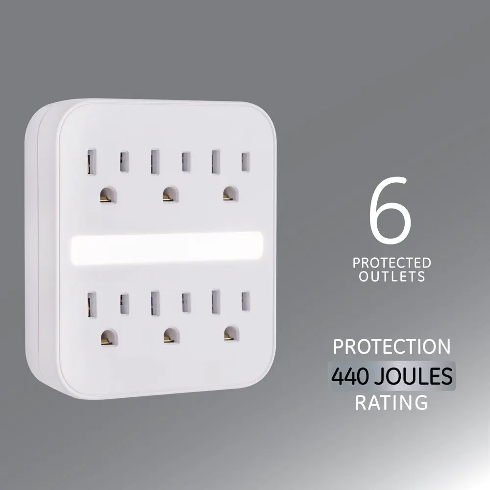 

NEW 6-Outlet Grounded Tap with LED Night Light 440J Light Sensing