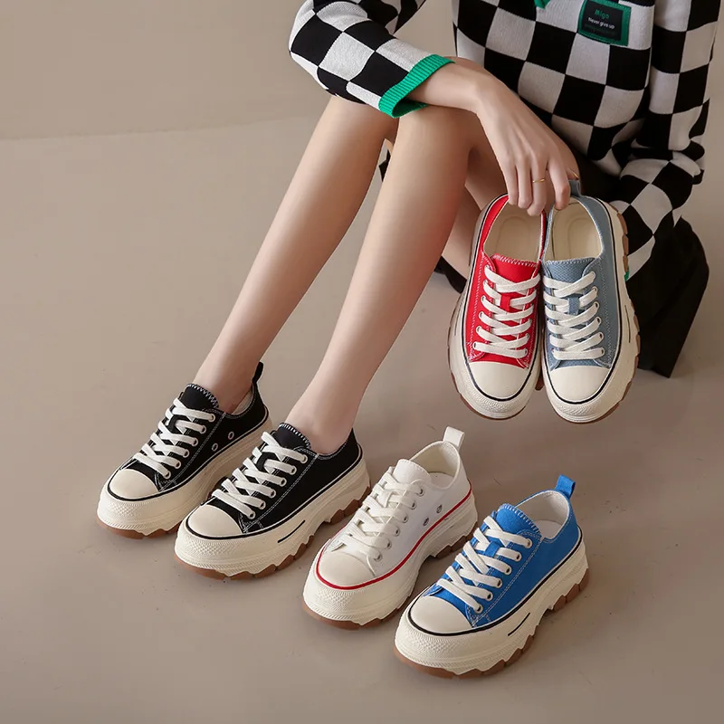 2023 Autumn New Korean Student Thick Sole Breathable Canvas Shoes Casual Shoes Comfortable Breathable Vulcanized Shoes