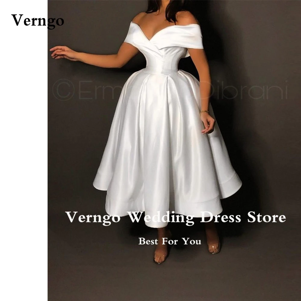 Купи Verngo Off the Shoulder White Satin Wedding Dresses Puff Skirt Midi Simple Bridal Gowns Robe de mariee Evening Party Dress за 4,783 рублей в магазине AliExpress