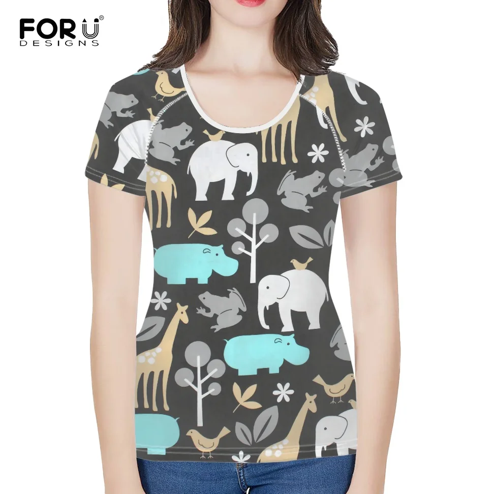 

FORUDESIGNS Cute Cartoon Animal Pattern Summer T-shirt for Women Female Clothing Soft O-neck Tops for Girls T Shirts 2022