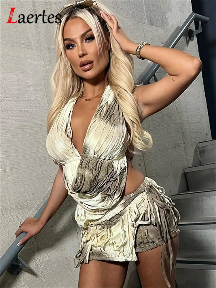 

Laertes 2023 Tie Dye Two Piece Dress Sets Skirt and Backless Top Streetwear Y2k Clothes Women Summer Rave Festival Club Outfits
