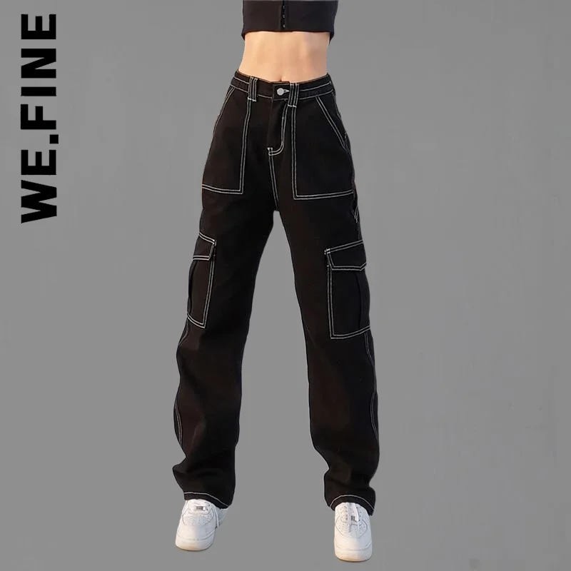 

We.Fine Fashion Streetwear 100% Cotton Women Denim Trouser Pockets Patchwork Baggy Jeans Loose Cargo Pants Jeans Harajuku