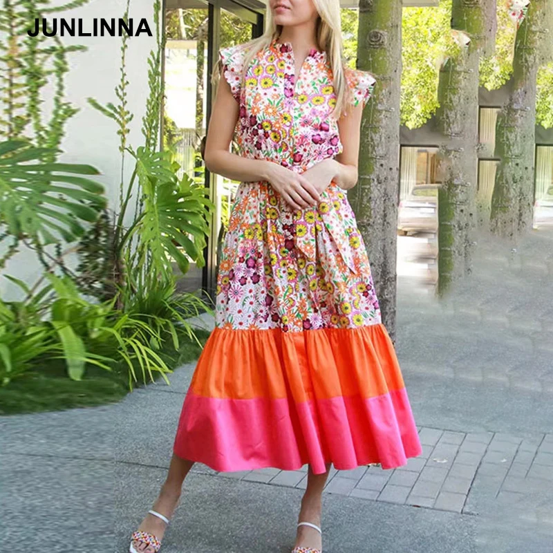 

JUNLINNA Designer Women Beach Holiday Dresses Stand Collar Sleeveless and Ruffle Fashion Patchwork Printing Long Vestidos