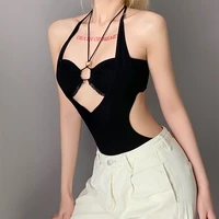 spring summer 2021 new solid color fashion black sleeveless hollow sexy tie neck jumpsuit advanced tights sexy style y2k clothes