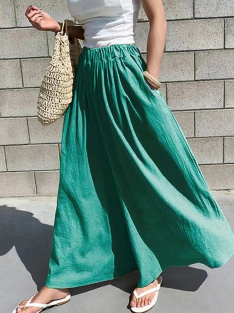 

Spring Summer Elegant Elastic High Waist Pant Women New Casual Cotton Linen Trousers Casual Pocket Wide Legger Solid Color Pants