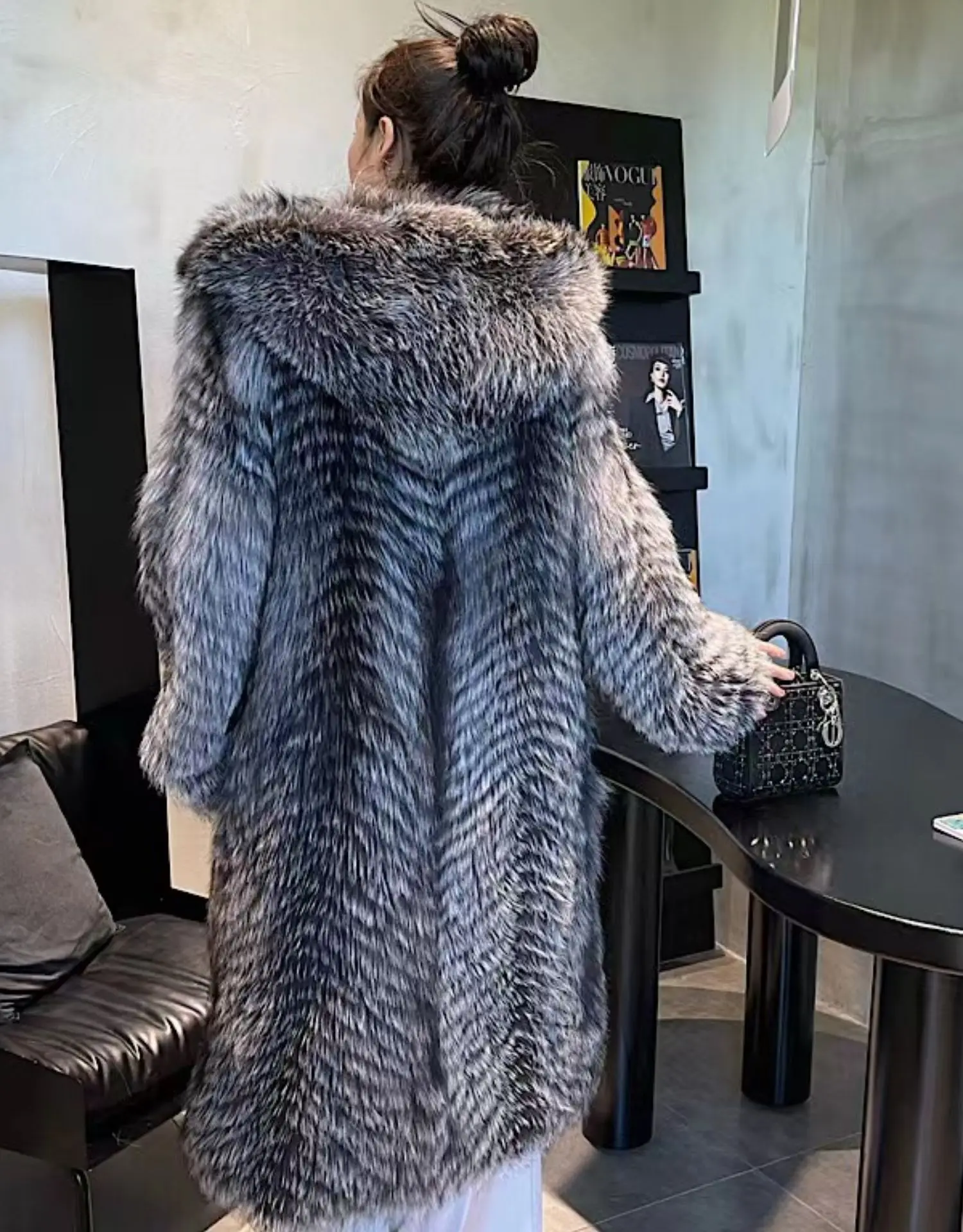 Genuine Silver Fox Fur Coat Women Winter Luxury Female Natural Silver Fox Fur Jacket Long Sleeve Real Silver Fox Fur Coat With H