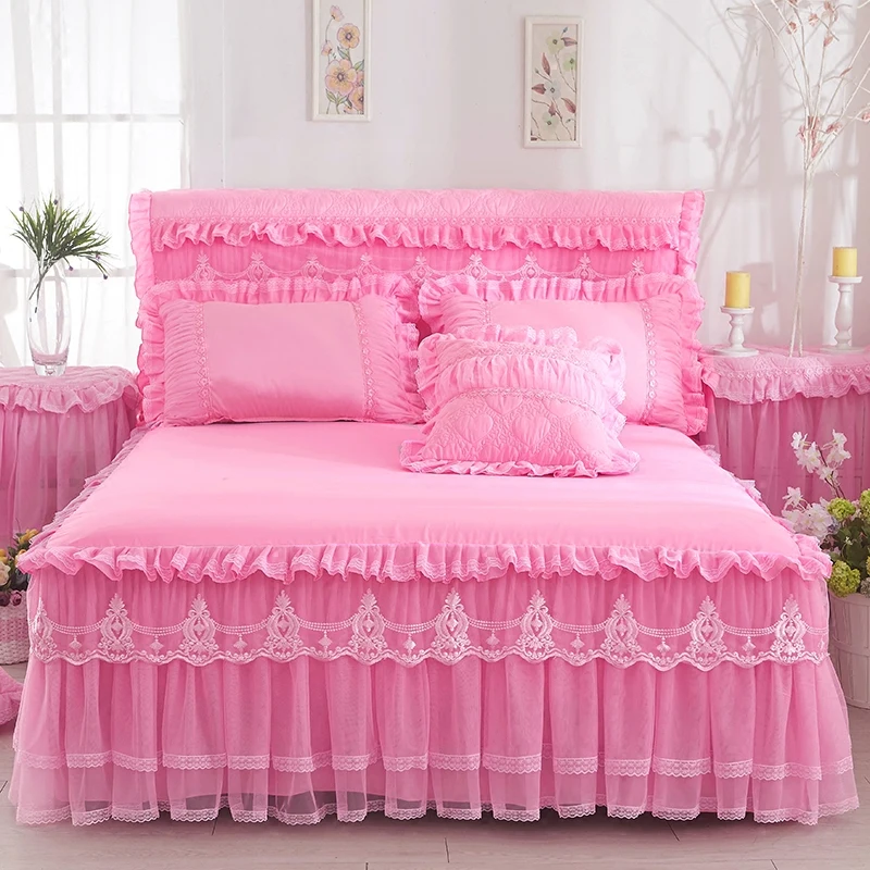 Pure Colour Lace Bed Skirt King Queen Size Bed Sheets Set Embroidered Cotton Bedspread on The Bed Cute Bedding for Girls Gift