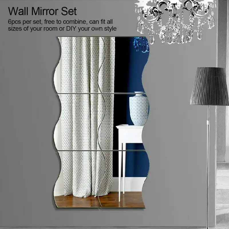 

Mirror Set,6Pcs/Set Waves Shape Wall Mirror Sticker Free Combination Home Bathroom Decor,Wall Mirror