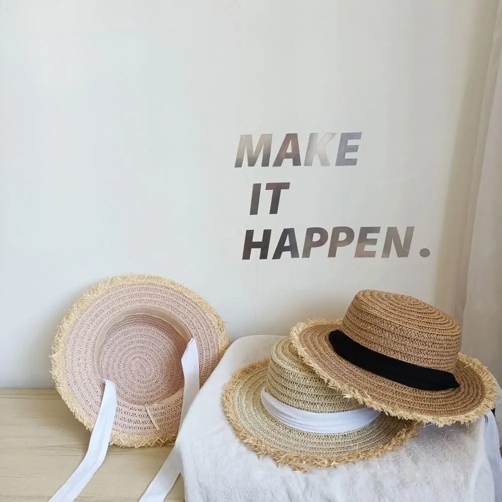 

Trendy Lady Straw Hat Flat Top Women Sunhat Contrast Color Ripped Edge Bow-knot Lady Straw Hat Sunshade
