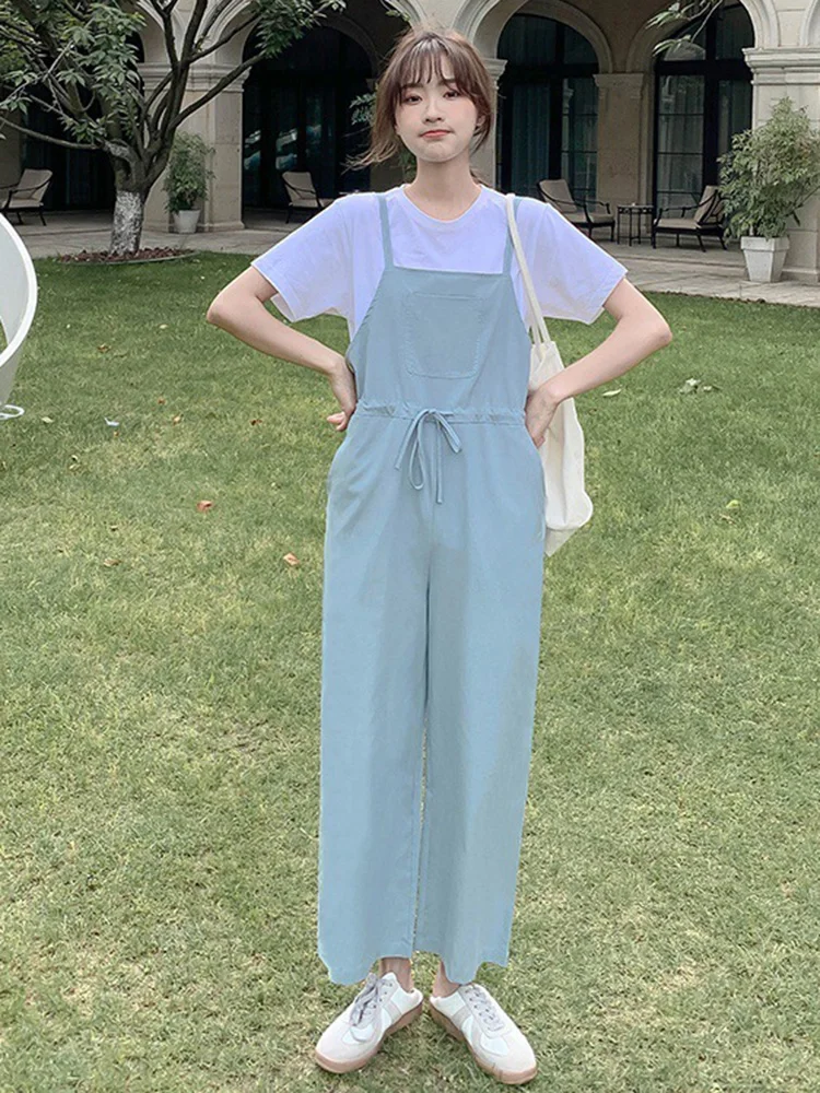 

Women Solid Color Jumpsuits Drawstring Straight Pocket Decoration Long Length 2022 Summer New Female Clothing B240