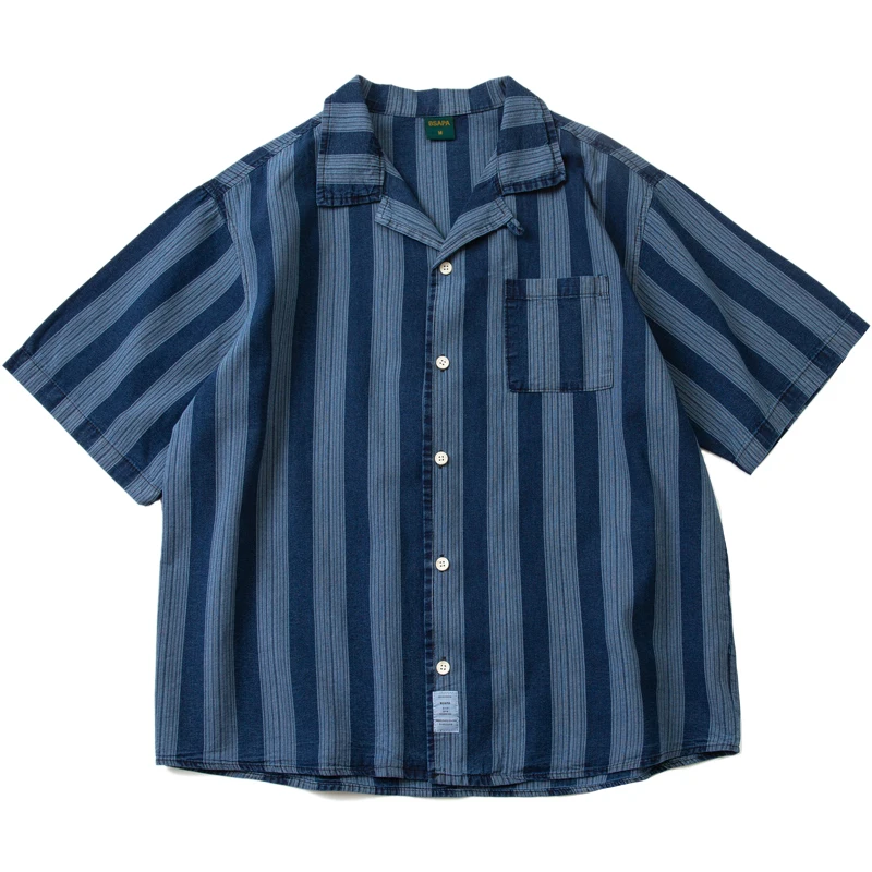 New Arrival Japanese Antique Indigo Stripe Loose Fit Cityboy Cuban Collar Short Sleeve Shirt Summer Shirt Men American Leisure