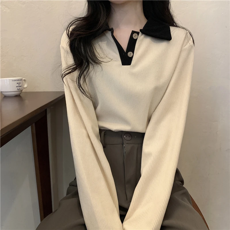 

WW1694 Polo Collar Long Sleeve T-Shirt Women's New All-match Loose Corduroy Top