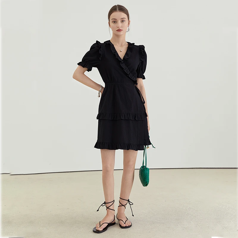 

Элегантное женское платье, офисное женское черное повседневное винтажное платье с коротким рукавом Y2K, новинка, корейская мода, летнее мило...