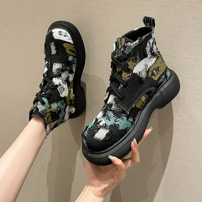 

Женские ботинки в британском стиле, ботильоны, женская модная обувь на шнуровке, джинсовая женская обувь, мотоциклетные ботинки, женская об...