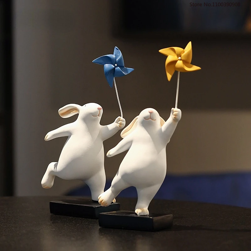 

Nordic Creative Windmill Rabbit Cute Resin Ornament Cartoon Balloon Bear for Living Room Office Table Decor Escritorio Accesorio