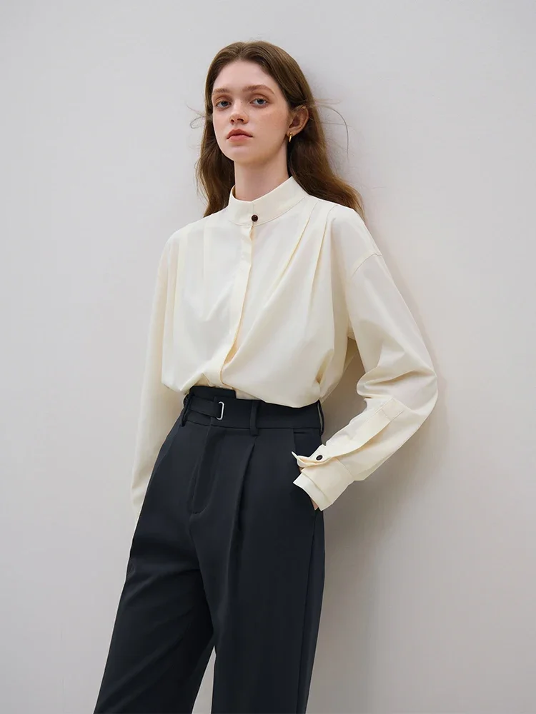 Женская Однотонная рубашка с воротником-стойкой и двойными манжетами