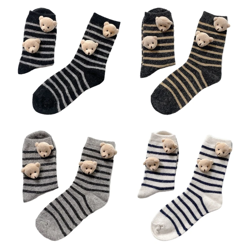 

Women Girl Cotton Crew Socks Cute 3D Stuffed Bear Striped Print Anklet Hosiery