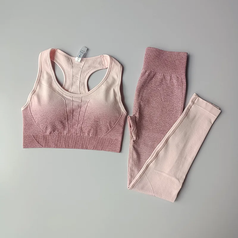 

Бесшовный комплект для йоги с эффектом омбре, градиентный фитнес-костюм, спортивный бюстгальтер пуш-ап с высокой талией, леггинсы, одежда дл...