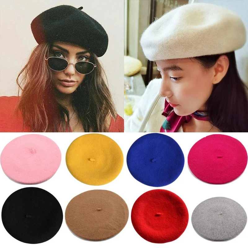 Берет женский шерстяной однотонный Теплая Зимняя Шапка-бини во французском