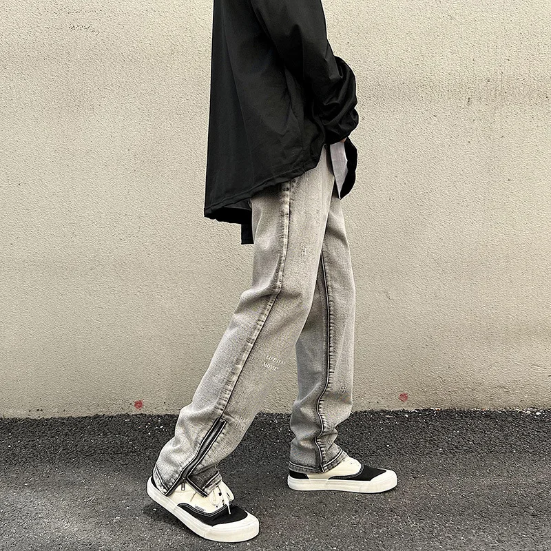 Four Seasons Men's Casual Jeans Fashion Straight Split Wide Leg Pants Street Loose Mopping Denim Trousers Summer Men's Clothing