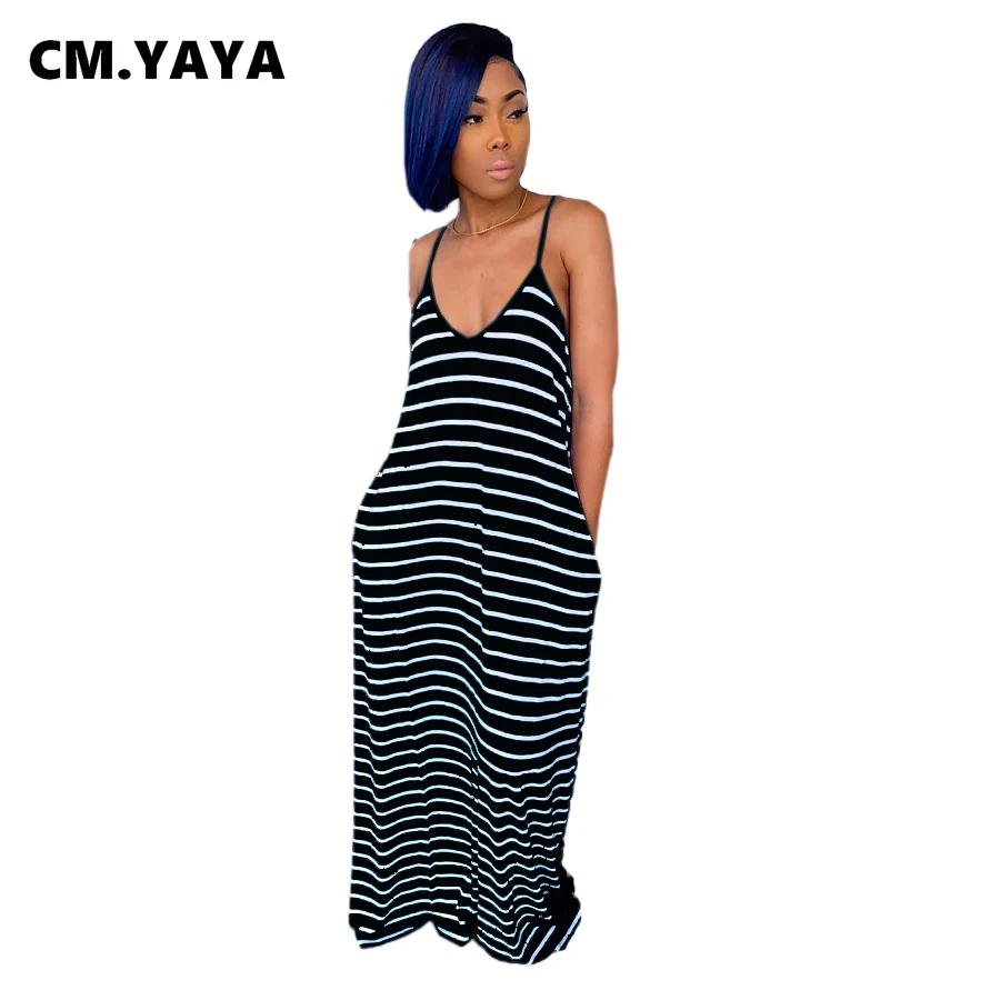 Женское длинное платье-футболка в полоску с V-образным вырезом и боковым карманом