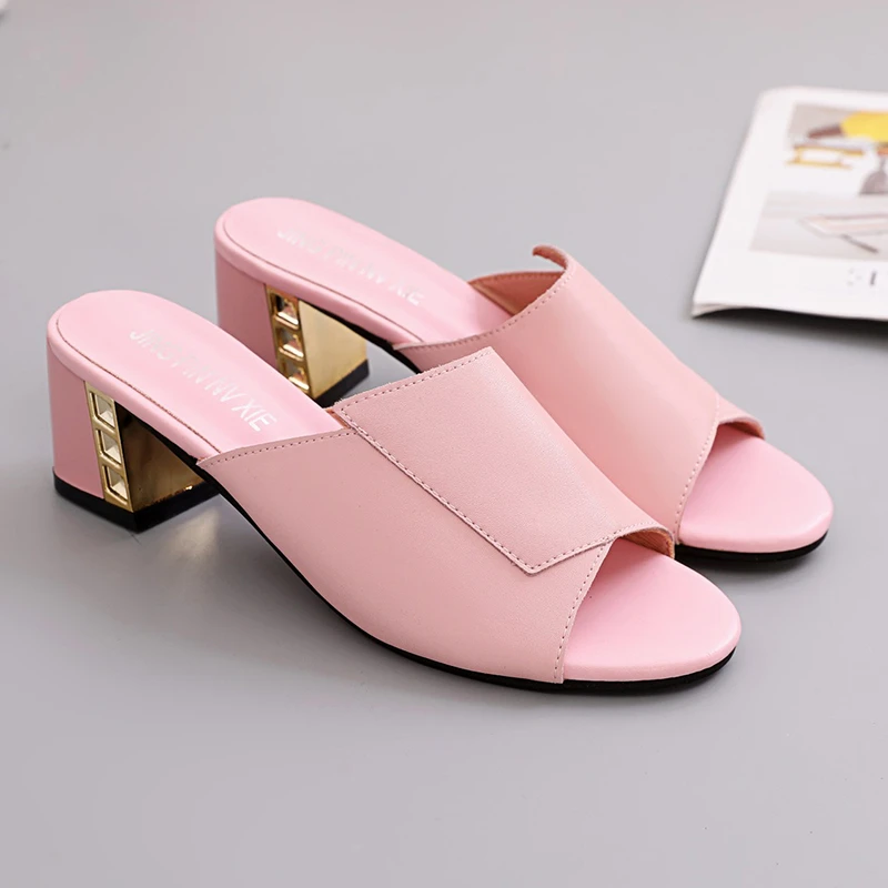 

Women's Mid-Heeled Sandals And Slippers White Soft Leather Sleeve Foot Word Dragging Ladies Slides Summer Fish Mouth Flat Shoes