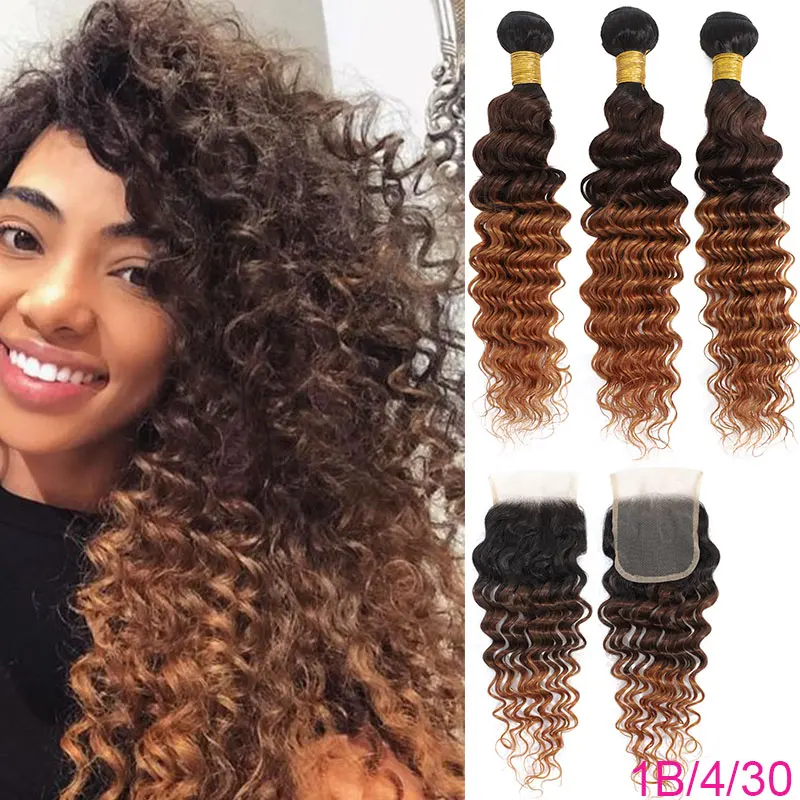 

DreamDiana Brazilian Deep Wave Bundles With Closure 100% Human Hair Bundles With Closure Remy Ombre Curly Bundles With Closure