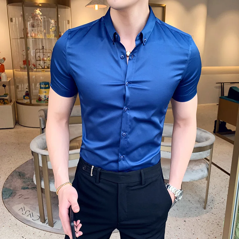 

Рубашка мужская с коротким рукавом, однотонная Повседневная сорочка Slim Fit, клубная одежда