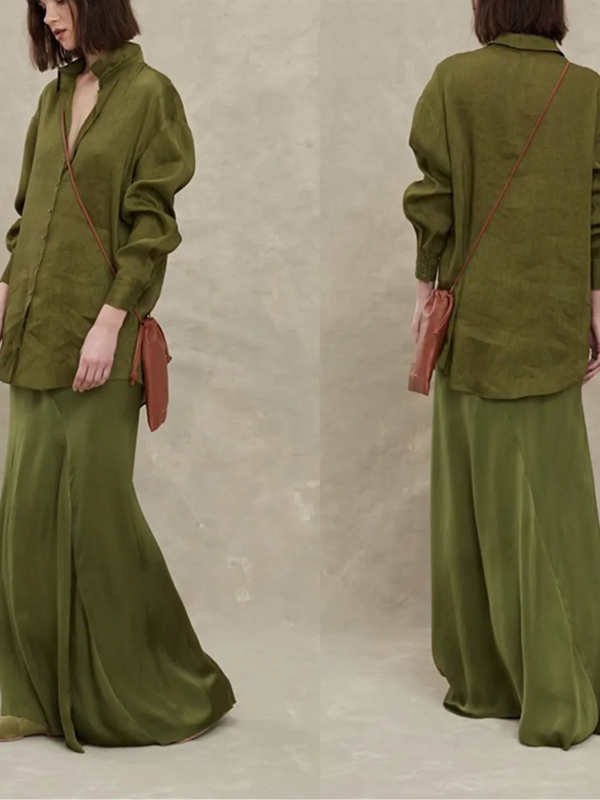 

Silk Linen Women Blouse Long Sleeve Turn-Down Collar Green Fresh Ladies Single-Breasted Office Wear Shirt and Tops 2022 New