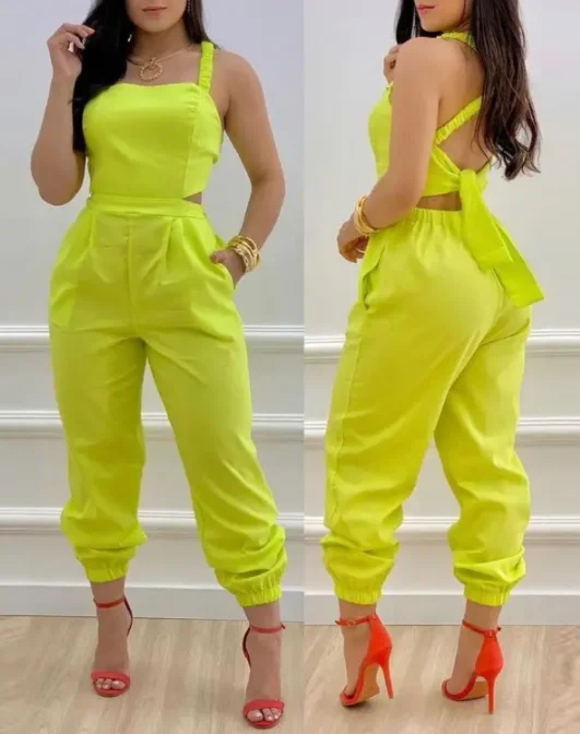 

Casual Sleeveless Jumpsuits for Women Solid Color 2022 Summer New Sexy Backless Hollowed Out Criss Cross Lace Up Cami Jumpsuit