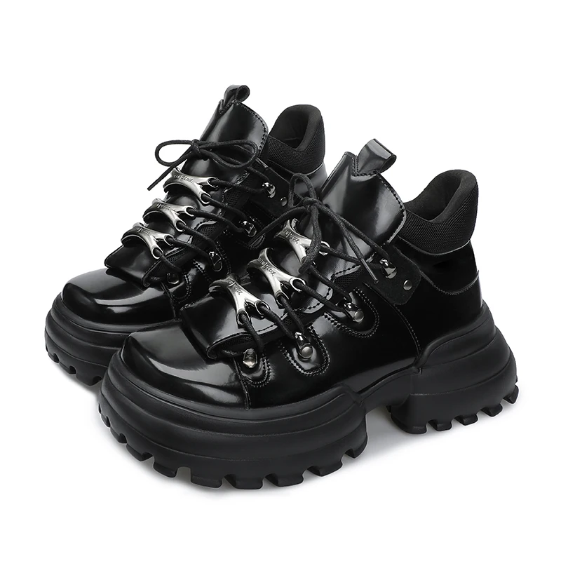 Women's Metal Platform High-Top Shoes 2022 Autumn and Winter New Punk Leather Shoes Gothic Dark Height Increase Device Car Boots