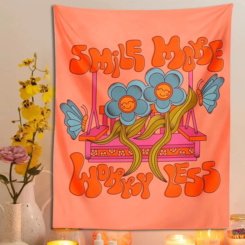 

Flowers smile Tapestry Wall Hanging retro Bohemian smile more worry less pink flowers hippie Wall Decor College Dorm Decor