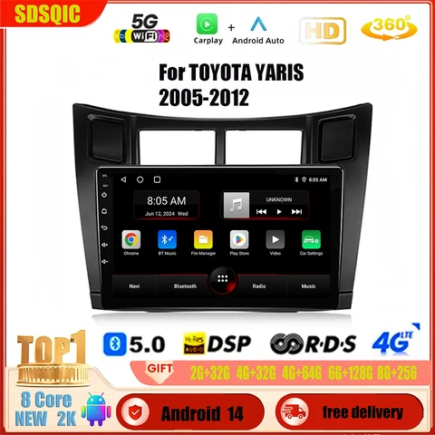 Автомобильный радиоприемник для TOYOTA YARIS 2005-2012 Android 14 GPS-навигатор 2 Din Carplay Мультимедийный плеер Авто Стерео 4G DSP BT Головное устройство