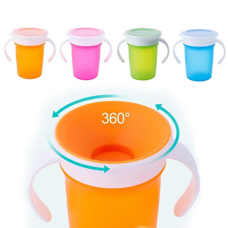 360 Degrees Rotated Baby Learning Drinking Cup Double Handle Flip Lid Leakproof Infants Water Cups Bottle BPA Free with Lid