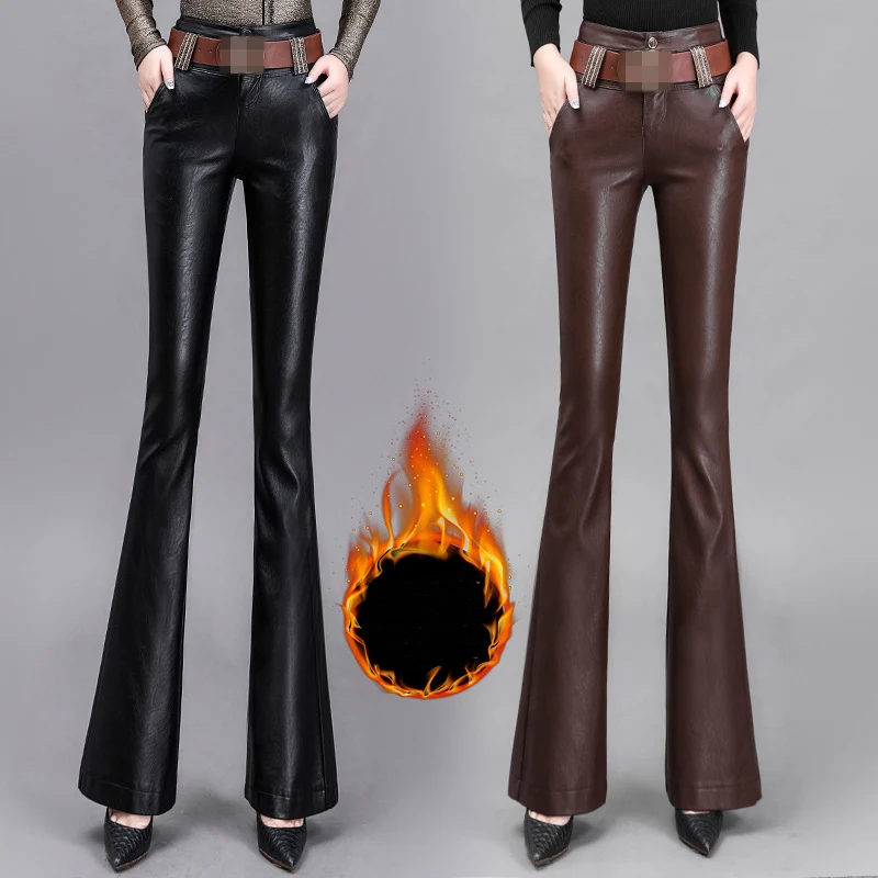 

Women Winter Pants Thick Warm Leather Trousers 2022 Fashion High Waist Skinny Boot-cut Pants Ladies Elegant Slim Office Trousers