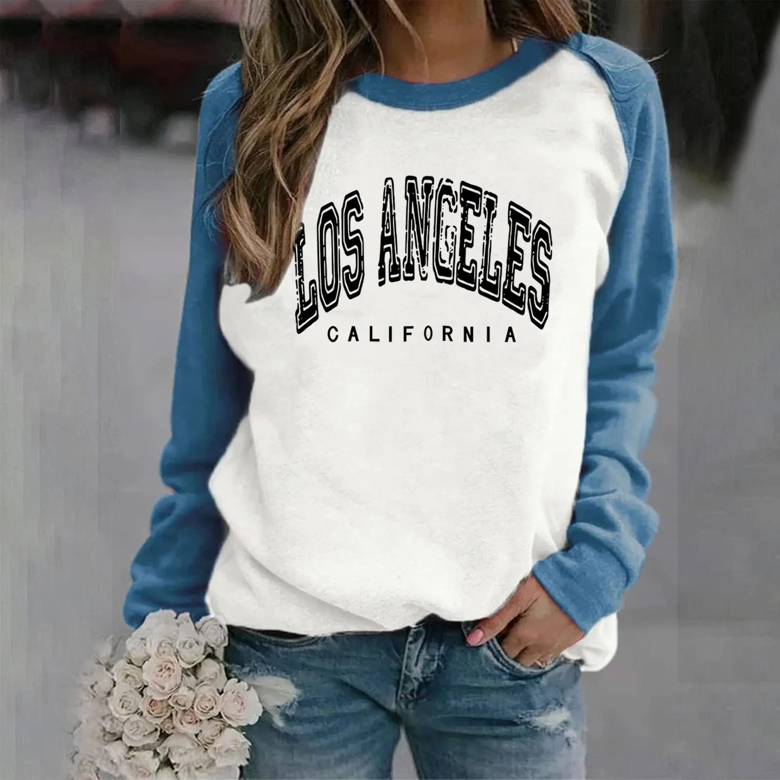 

Women's Casual Sweatshirt Contrast Color Long Sleeve Los Angeles Graphic T Shirt Crew Neck Women Pullover Tops Sweatshirts Women