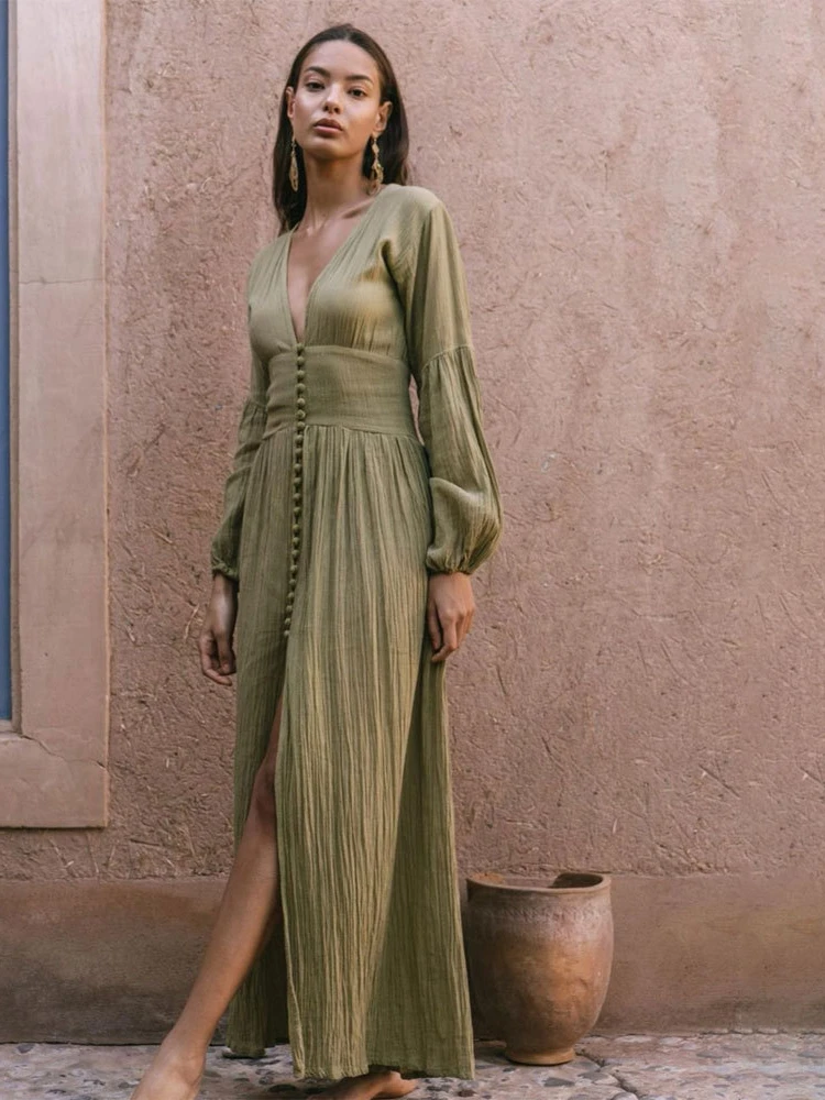 

Solid Color Floor-length Vintage V Neck High Waist Split Maxi Dress Women Summer Exotic Elegant Luxury Evening Sexy Dresses 2022